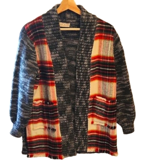 NWOT Caryn Vallone gray knit & plaid open front cardigan sweater jacket  sz M - Picture 1 of 10